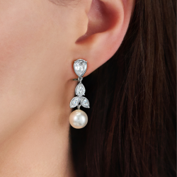 Traveller Drop Clip Earrings - Silver Coloured - Pearls - 10mm - White - Crystals - Platinum Plated - 35x10mm - 114364