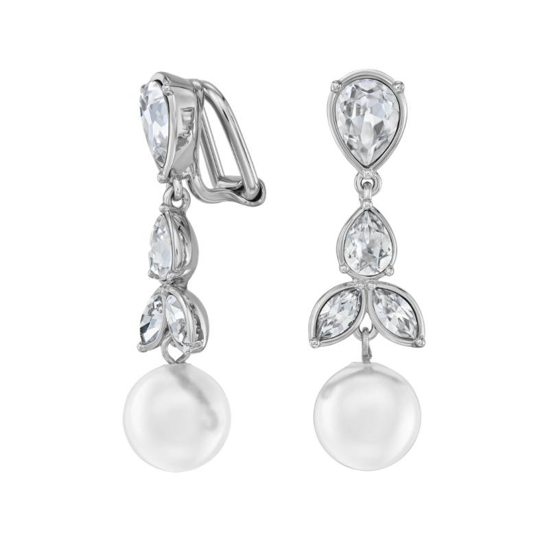 Traveller Drop Clip Earrings - Silver Coloured - Pearls - 10mm - White - Crystals - Platinum Plated - 35x10mm - 114364