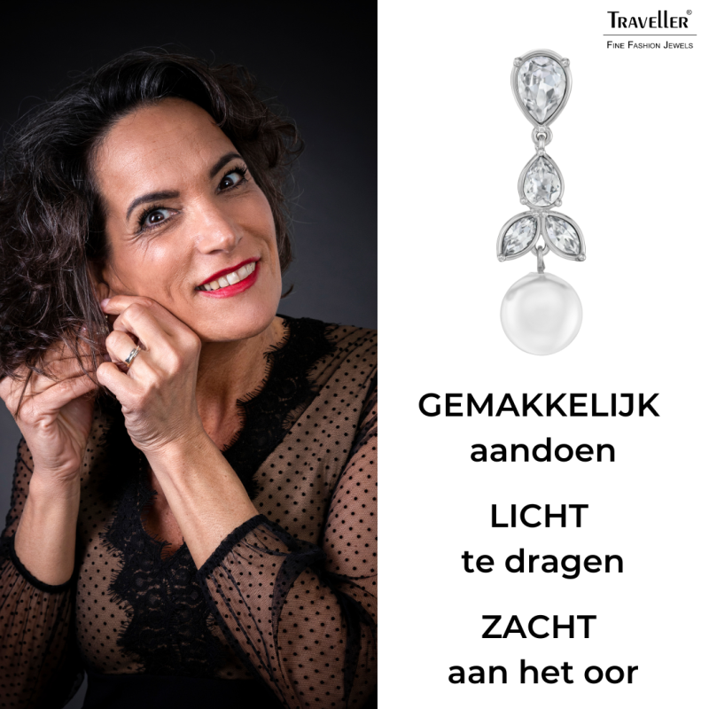 Traveller Clip Oorbellen - Hangers - Zilverkleurig - Parels - 10mm - Wit - Kristallen - Geplatineerd - 35x10mm - 114364