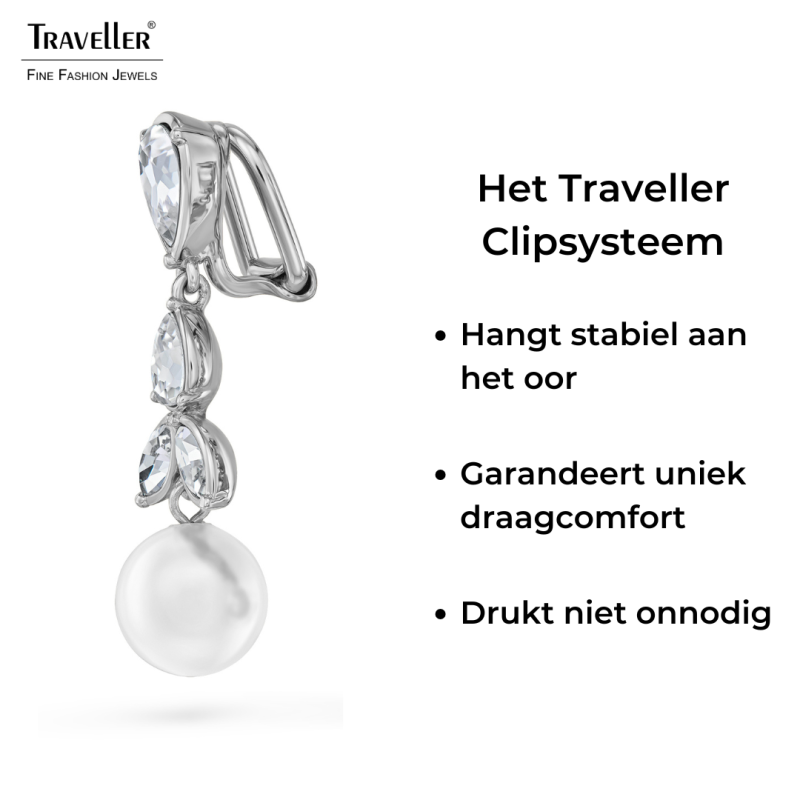 Traveller Clip Oorbellen - Hangers - Zilverkleurig - Parels - 10mm - Wit - Kristallen - Geplatineerd - 35x10mm
