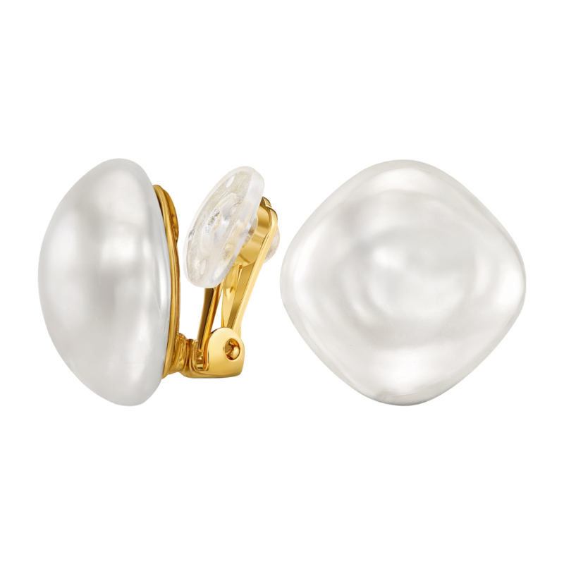 Traveller Clip Oorbellen - Verguld - Barok Parel - 16mm - Wit - Vierkant - 114365