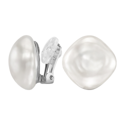 Traveller Clip-on Earrings - Silver Coloured - Baroque Pearl - 16mm - White - Square - Platinum Plated
