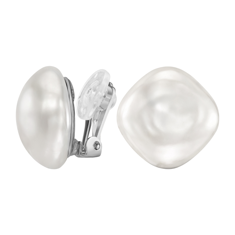 Traveller Clip Oorbellen - Zilverkleurig - Barok Parel - 16mm - Wit - Vierkant - Geplatineerd - 114366