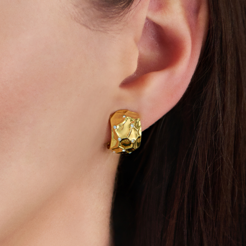 Traveller Clip-on Earrings - Gold Plated - Crystals - Honeycomb Structure- 20x10mm