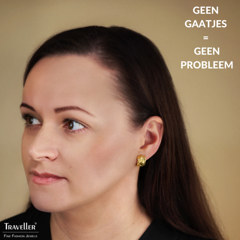 Traveller Oorbellen zonder Gaatjes - Verguld - Kristallen - Raatstructuur - 20x10mm