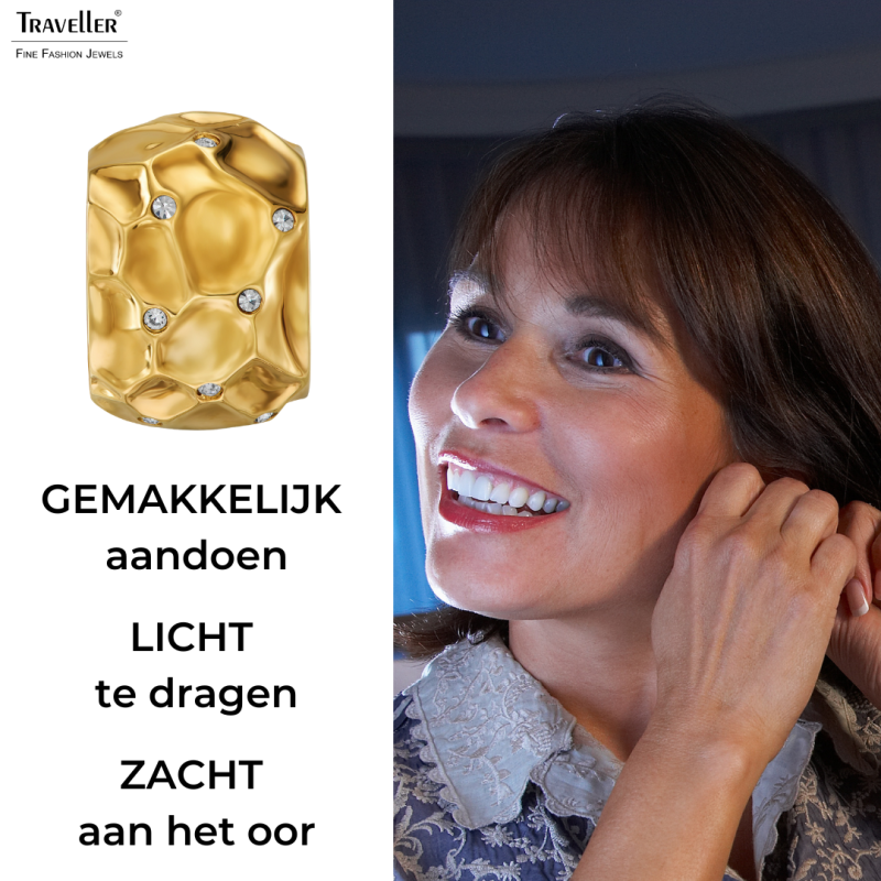 Traveller Clip Oorbellen - Verguld - Kristallen - Raatstructuur - 20x10mm - 157822