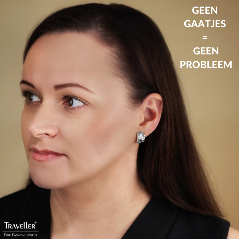 Traveller Oorclips - Zilverkleurig - Kristallen - Raatstructuur - Geplatineerd - 20x10mm