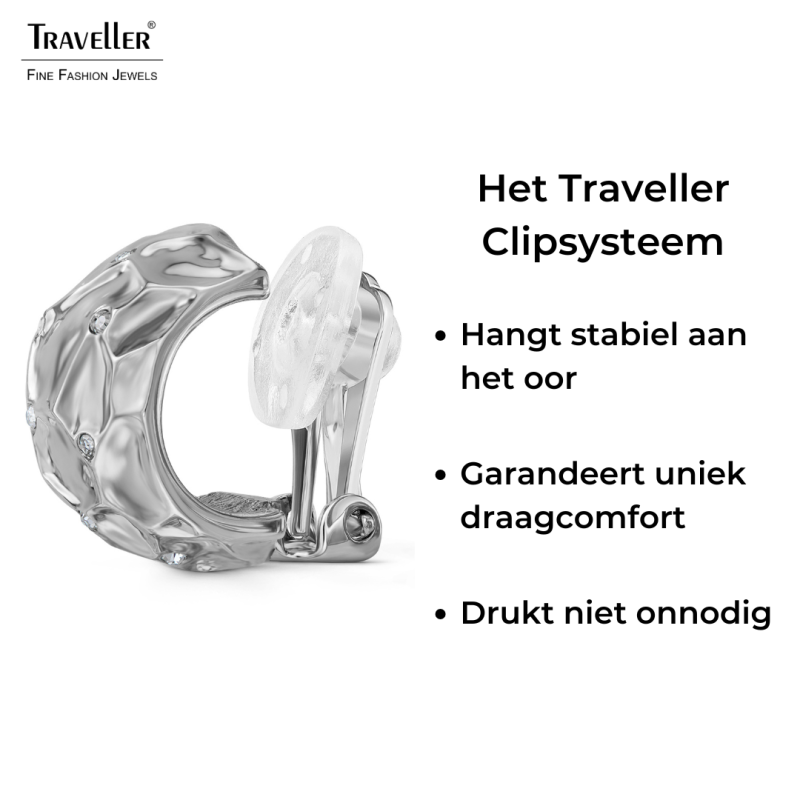 Traveller Clip Oorbellen - Zilverkleurig - Kristallen - Raatstructuur - Geplatineerd - 20x10mm - 157823