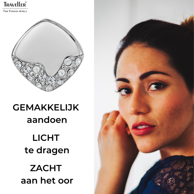 Traveller Clip Oorbellen - Zilverkleurig - Kristallen - Geplatineerd - 13x13mm
