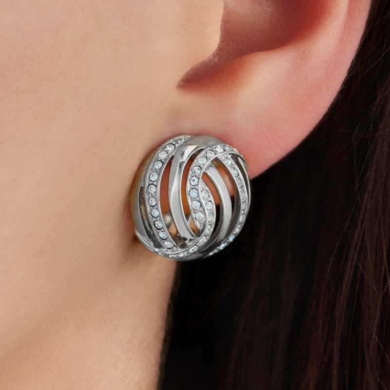 Traveller Clip-on Earrings - Silver Coloured - Crystals - Platinum Plated - 20mm