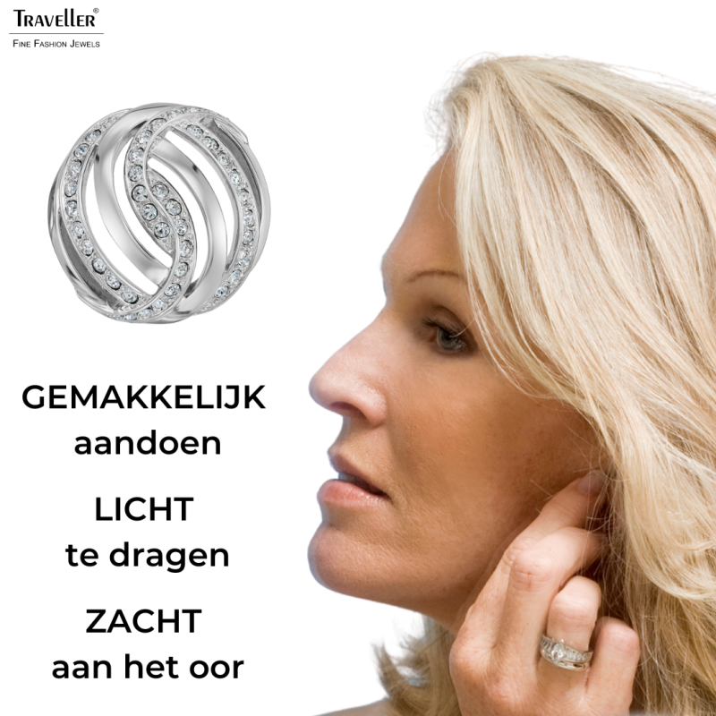 Traveller Clip Oorbellen - Zilverkleurig - Kristallen - Geplatineerd - 20mm