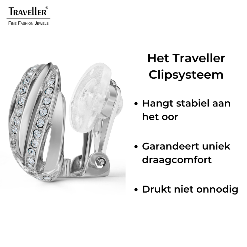 Traveller Clip Oorbellen - Zilverkleurig - Kristallen - Geplatineerd - 20mm