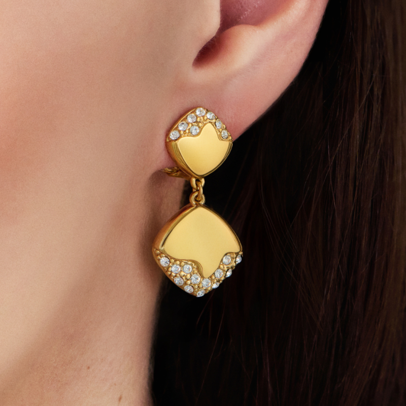 Traveller Clip-on Earrings - Drop Earrings - Gold Plated - Crystals - Square - 30x15mm