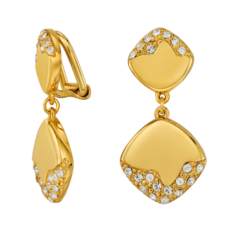 Traveller Clip-on Earrings - Drop Earrings - Gold Plated - Crystals - Square - 30x15mm - 157828