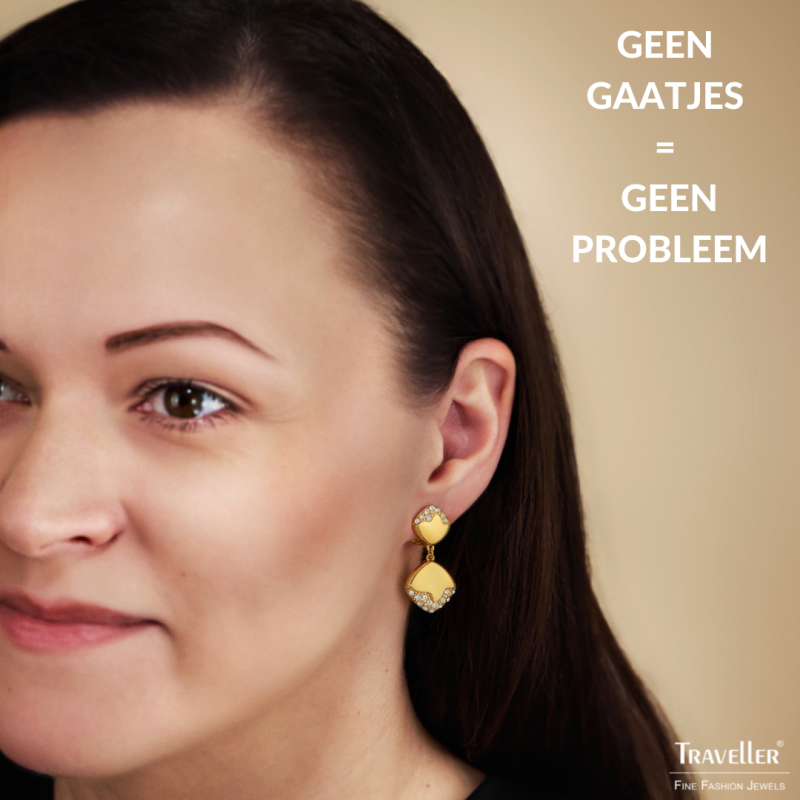 Traveller Clip Oorbellen - Hangers - Verguld - Kristallen - Vierkant - 30x15mm - 157828