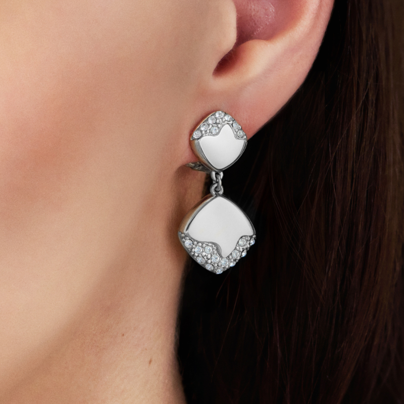 Traveller Clip-on Earrings - Drop Earrings - Silver Coloured - Crystals - Square - Platinum Plated - 30x15mm - 157829