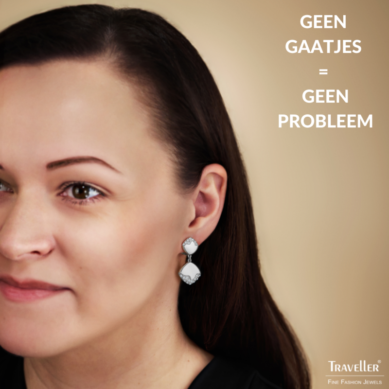 Traveller Clip Oorbellen - Hangers - Zilverkleurig - Kristallen - Vierkant - Geplatineerd - 30x15mm