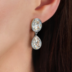 Traveller Clip-on Earrings - Drop Earrings - Silver Coloured - Crystals - Oval&Drop - Platinum Plated - 35x12mm