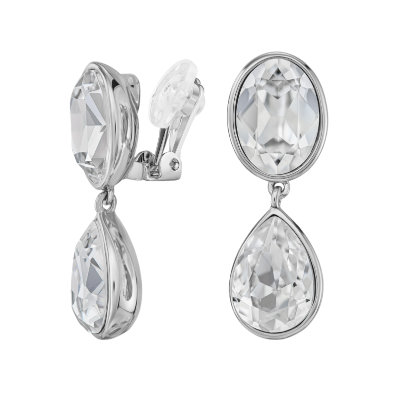Traveller Clip Oorbellen - Hangers - Zilverkleurig - Kristallen - Ovaal & Druppel - Geplatineerd - 35x12mm - 157831