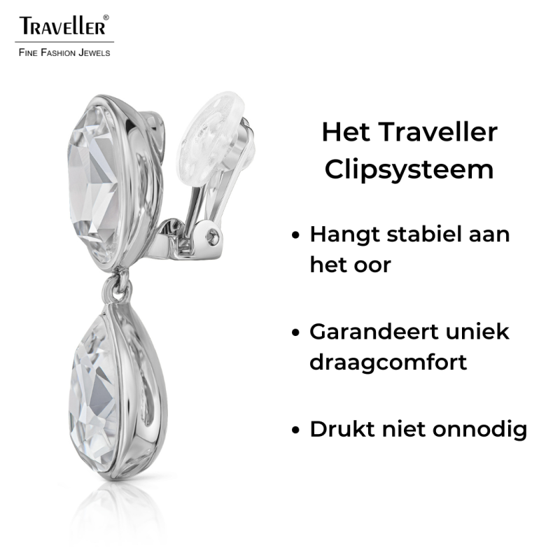 Traveller Clip Oorbellen - Hangers - Zilverkleurig - Kristallen - Ovaal & Druppel - Geplatineerd - 35x12mm