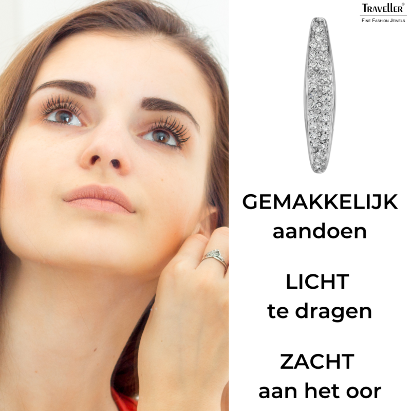 Traveller Clip Oorbellen - Zilverkleurig - Kristallen - Geplatineerd - 25x5mm