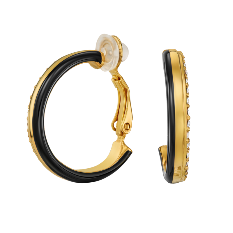 Traveller Clip Oorbellen - Oorringen - Verguld - Kristallen - Zwart Emaille - 23x4mm - 157836