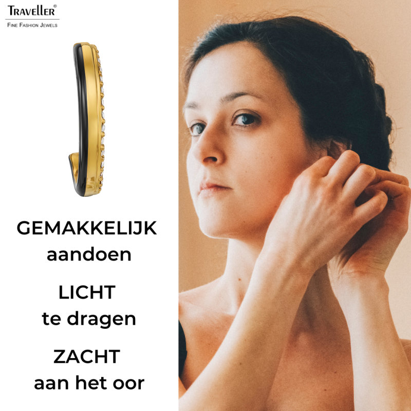 Traveller Clip Oorbellen - Oorringen - Verguld - Kristallen - Zwart Emaille - 23x4mm - 157836