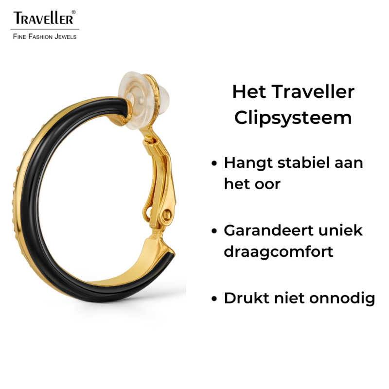 Traveller Clip Oorbellen - Oorringen - Verguld - Kristallen - Zwart Emaille - 23x4mm - 157836