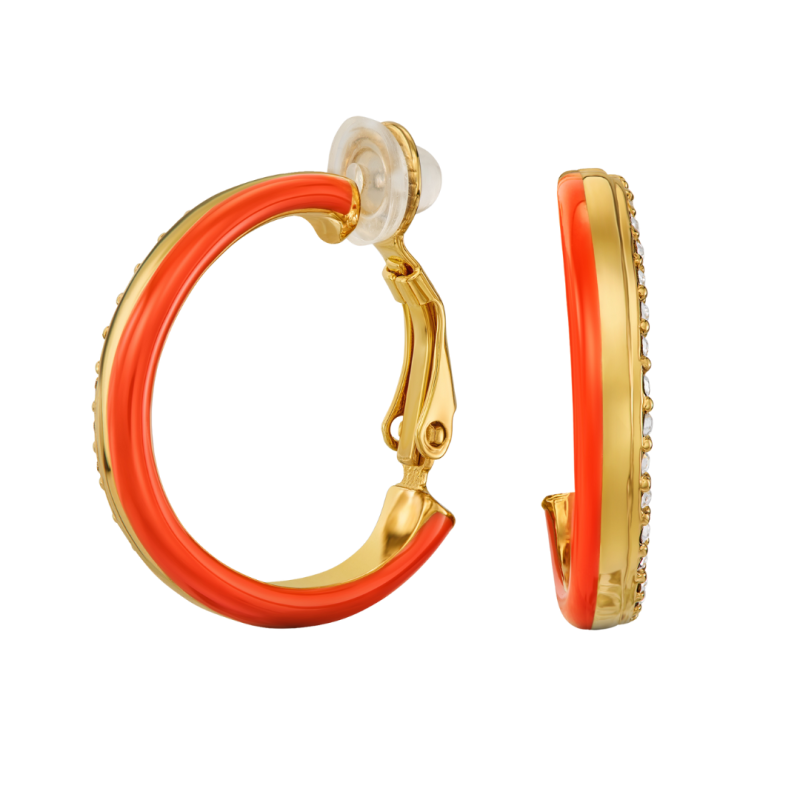 Traveller Clip Oorbellen - Oorringen - Verguld - Kristallen - Koraalkleurig Emaille - 23x4mm - 157837