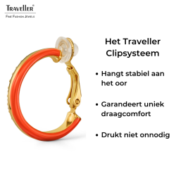 Traveller Clip Oorbellen - Oorringen - Verguld - Kristallen - Koraalkleurig Emaille - 23x4mm