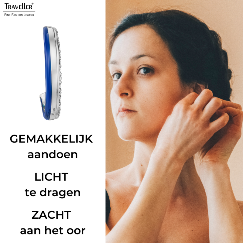 Traveller Clip Oorbellen - Zilverkleurig - Kristallen - Donker Blauw Emaille - Geplatineerd - 23x4mm - 157838 