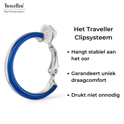 Traveller Clip Oorbellen - Zilverkleurig - Kristallen - Donker Blauw Emaille - Geplatineerd - 23x4mm