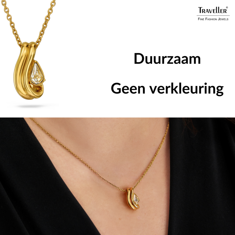 Traveller Dames Ketting met Hanger - Verguld - Kristal - 6x3,6mm - Druppelvorm - 17x9mm - 44 cm