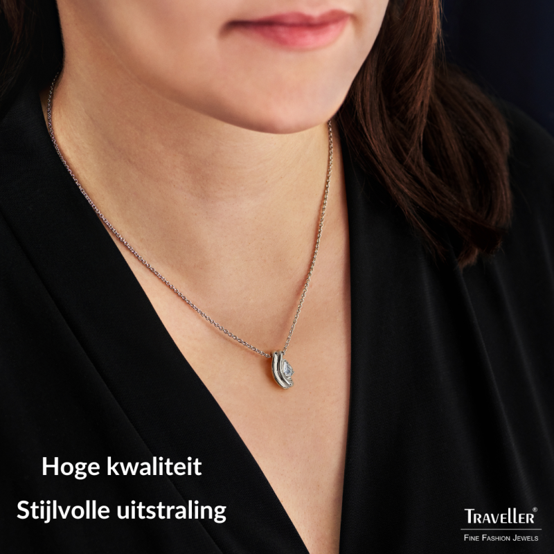 Traveller Dames Ketting met Hanger - Zilverkleurig - Kristal - Druppelvorm - Geplatineerd - 16x9mm - 44cm - 157841