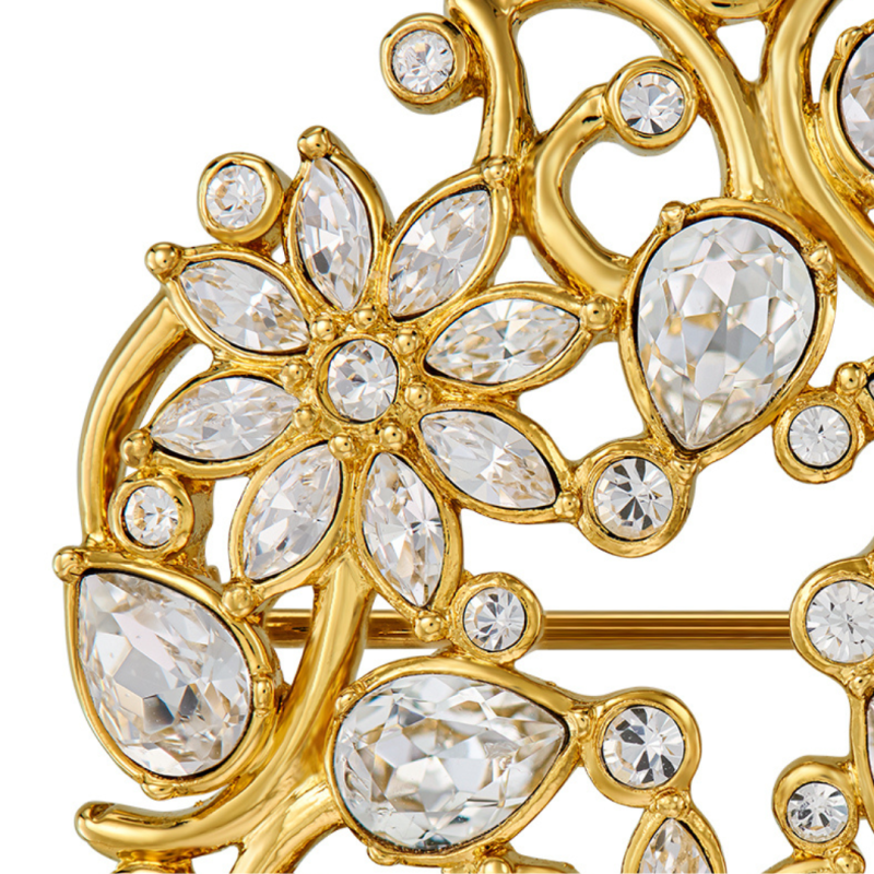 Traveller Brooch - Gold Plated - Crystals - Flowered - 35 mm