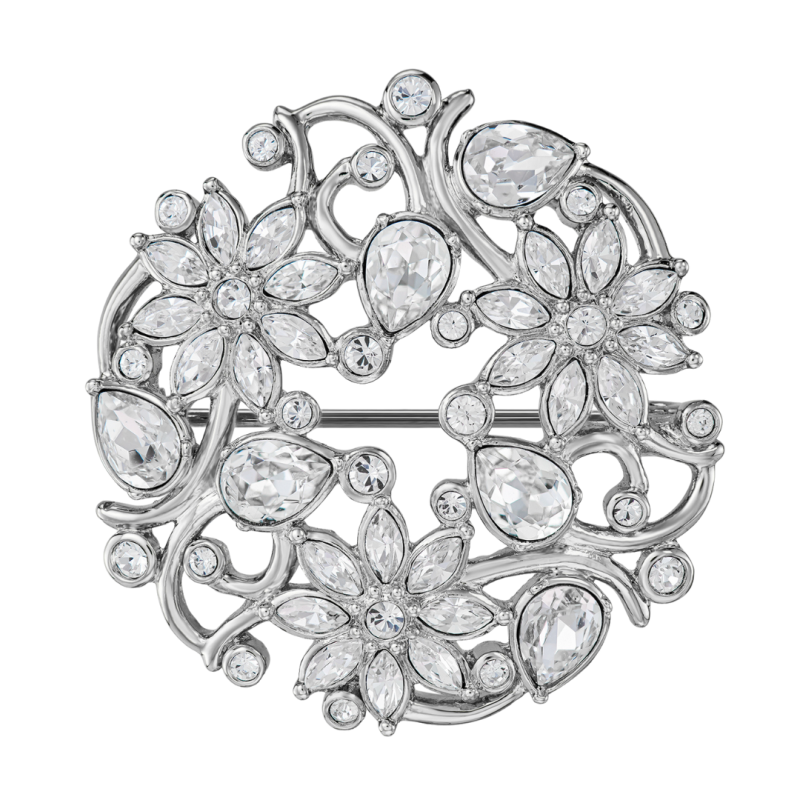 Traveller Broche Dames - Zilverkleurig - Kristallen - Gebloemd - Geplatineerd - 35 mm - 157845
