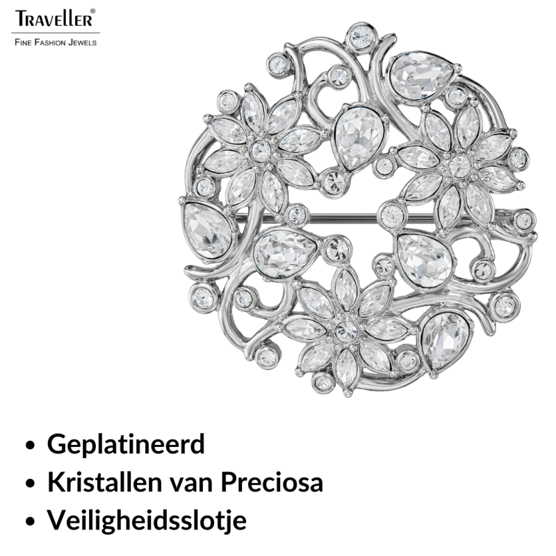 Traveller Broche Dames - Zilverkleurig - Kristallen - Gebloemd - Geplatineerd - 35 mm - 157845
