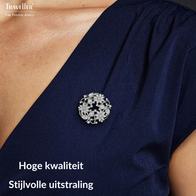 Traveller Broche Dames - Zilverkleurig - Kristallen - Gebloemd - Geplatineerd - 35 mm