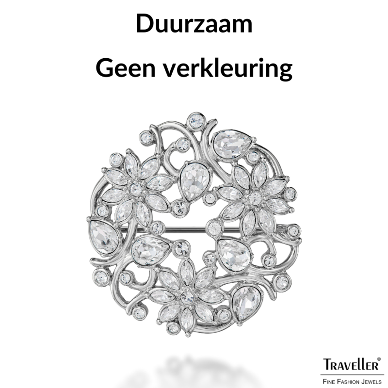 Traveller Broche Dames - Zilverkleurig - Kristallen - Gebloemd - Geplatineerd - 35 mm - 157845