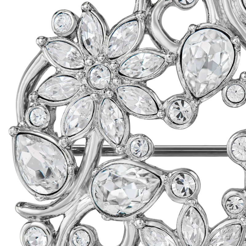 Traveller Broche Dames - Zilverkleurig - Kristallen - Gebloemd - Geplatineerd - 35 mm
