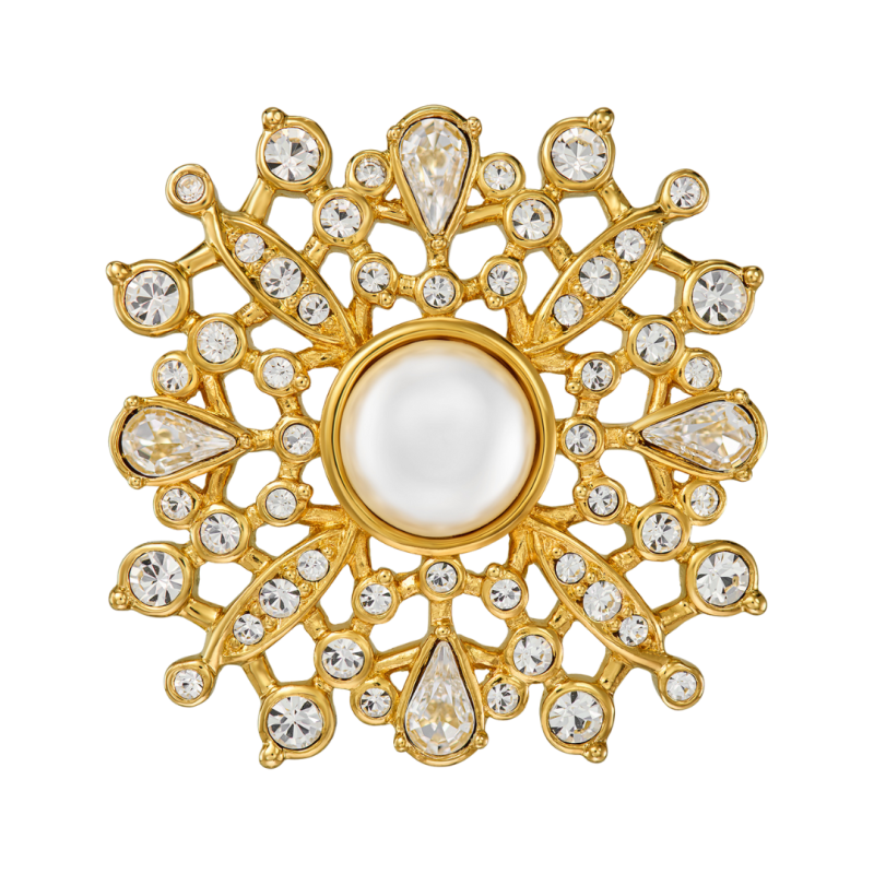 Traveller Broche - Verguld - Halve Parel - 10mm - Wit - Kristallen - 33mm - 157846