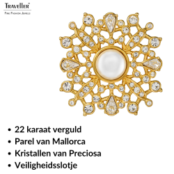 Traveller Broche Dames - Verguld - Halve Parel - 10mm - Wit - Kristallen - 33mm