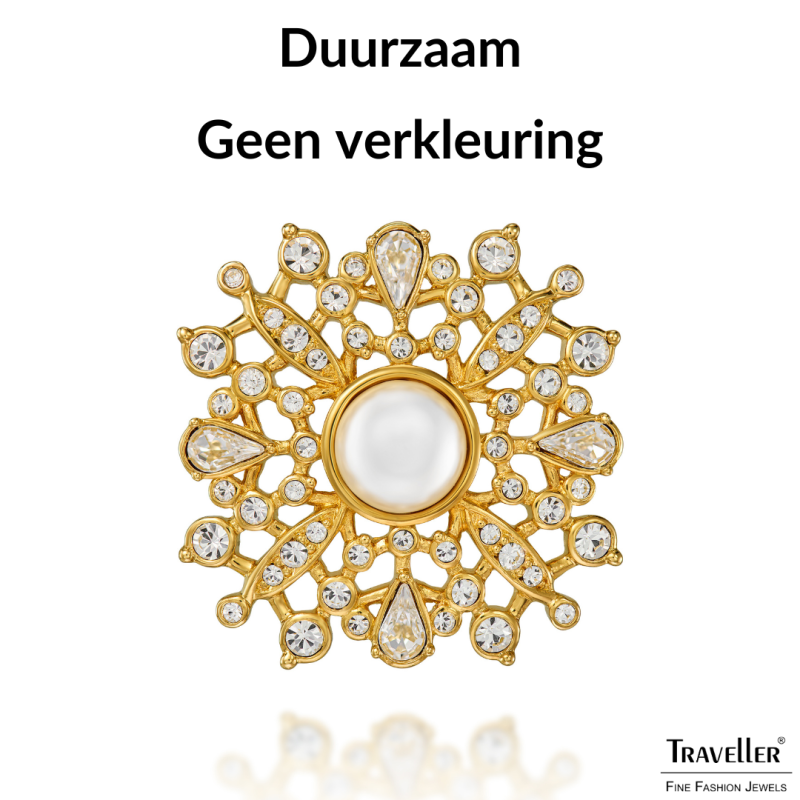 Traveller Broche Dames - Verguld - Halve Parel - 10mm - Wit - Kristallen - 33mm