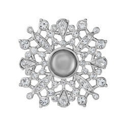 Traveller Brosche - Silberfarben - Halbe Perle - 10mm - Hell Grau - Kristalle - Platiniert - 33 mm - 157852