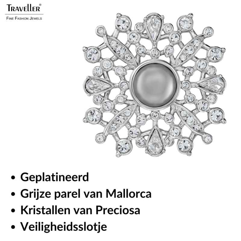 Traveller Broche - Zilverkleurg - Halve Parel - 10mm - Licht Grijs - Kristallen - Geplatineerd - 33 mm - 157852 