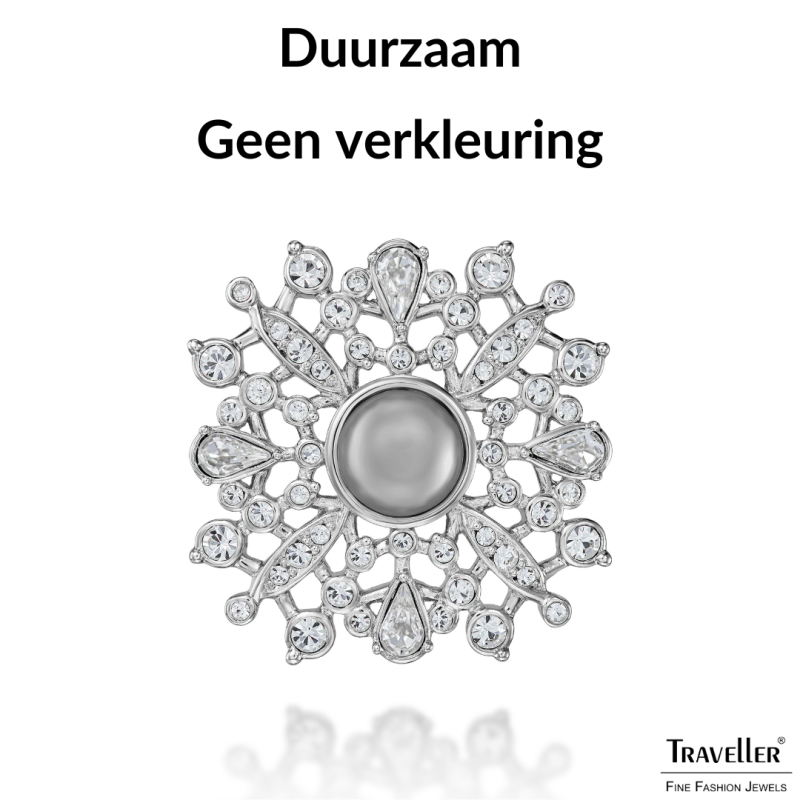 Traveller Broche Dames - Zilverkleurg - Halve Parel - 10mm - Licht Grijs - Kristallen - Geplatineerd - 33 mm