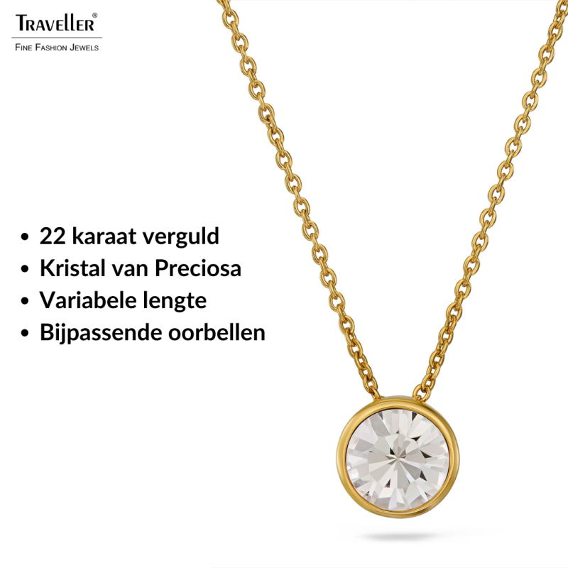 Traveller Dames Ketting met Hanger - Verguld - Kristal - 10mm - 40+4+4cm - 157858