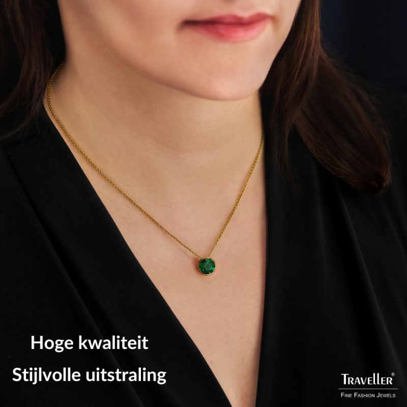 Traveller Dames Ketting met Hanger - Verguld - Kristal - 10mm - Smaragd Groen - 40+4+4cm