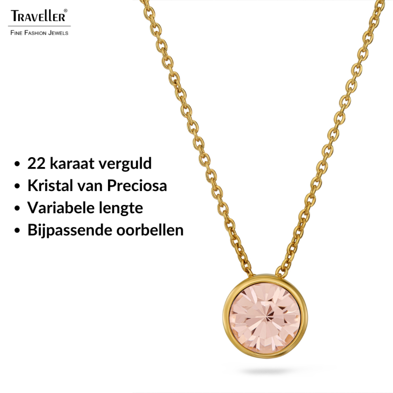 Traveller Dames Ketting met Hanger - Verguld - Kristal - 10mm - Golden Quartz - 40+4+4cm