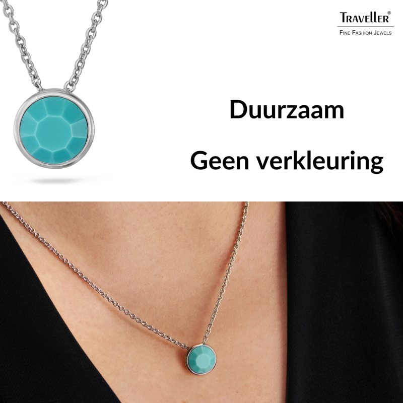 Traveller Dames Ketting met Hanger - Zilverkleurig - Kristal - 10mm - Turquoise - Geplatineerd - 40+4+4cm